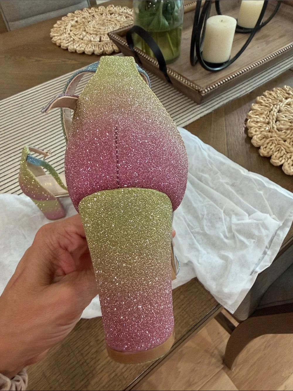 Glitter Ombre Block Heel Sandals - Pink Green